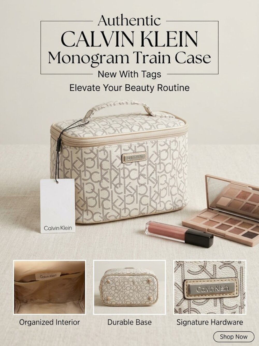 Calvin Klein Monogram Cosmetic Bag - Off-White Tan Logo Makeup Train Case